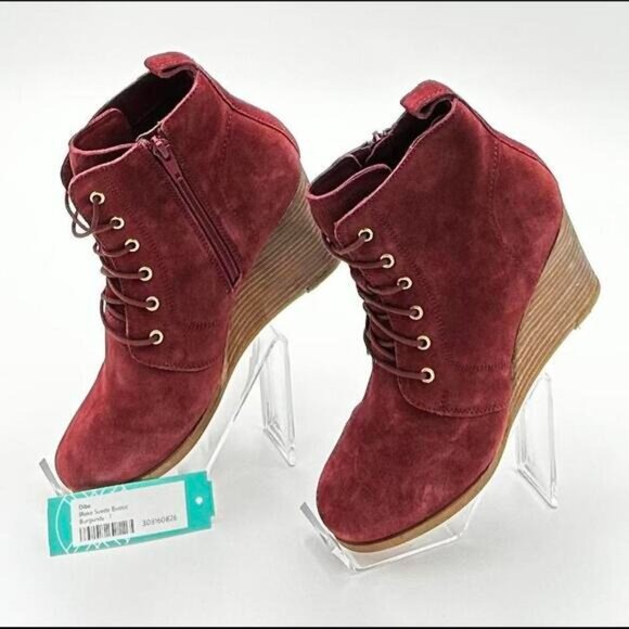 Diba Blake Suede Bootie Women’s 7 Burgundy Leather Upper Wedge Heel Ankle Boots - Picture 3 of 13